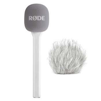 Rode Handadapter Interview GO Weiss mit Fell-Windschutz