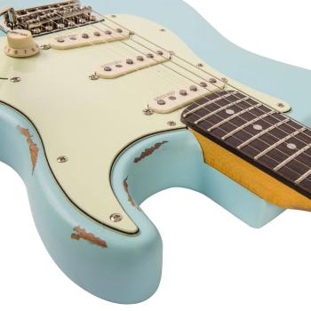 Vintage E-Gitarre V6MRLB Icon Distressed Laguna Blue mit Kabel