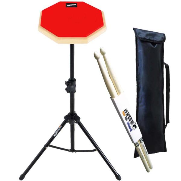 keepdrum DP-RD SET Practice Pad Rot mit Stativ-Tasche und Schlagzeugstöcke