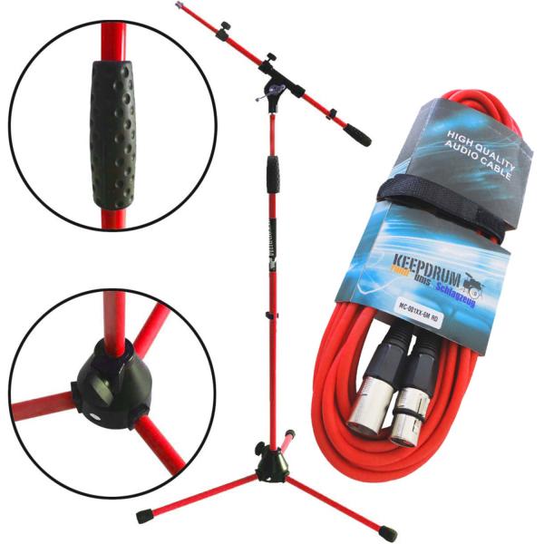 keepdrum MS106 RD Rot Mikrofonständer  mit 6m XLR Kabel Rot