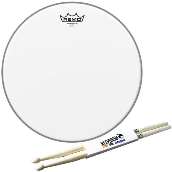 Remo Ambassador Coated Snare Fell 14 mit Schlagzeugstöcken