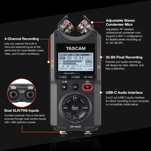 Tascam Audio-Recorder DR-40XP mit Zubehörset und Kopfhörer
