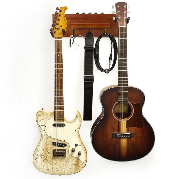 keepdrum Gitarren-Wandhalterung Mahagoni für 2 Gitarren und Zubehör