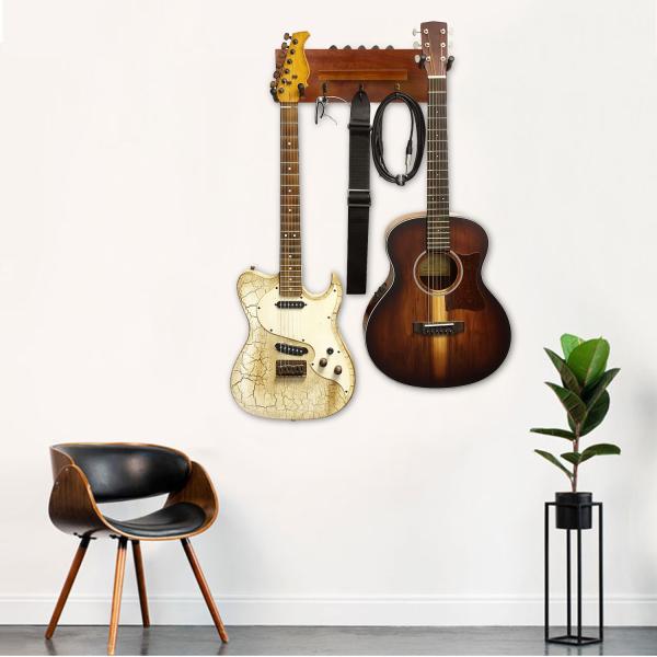 keepdrum Gitarren-Wandhalterung Mahagoni für 2 Gitarren und Zubehör