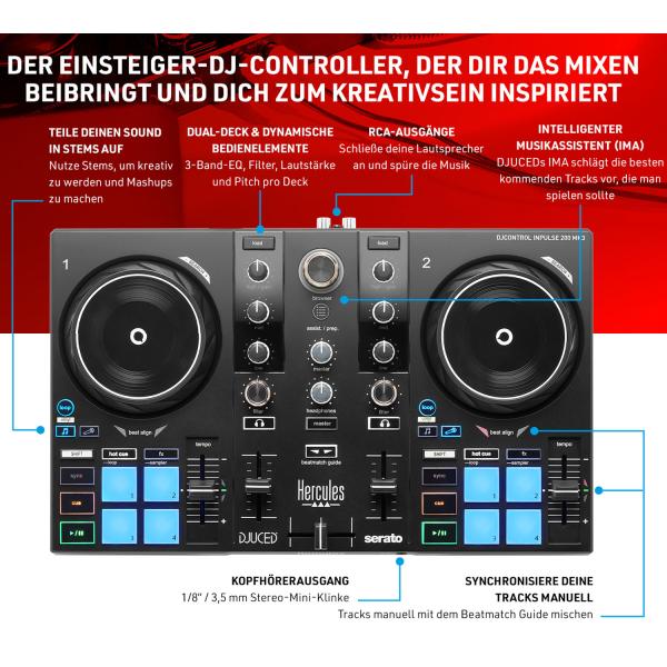 Hercules DJ Control Inpulse 200 MK3 mit Laptop Stativ Silberfarben