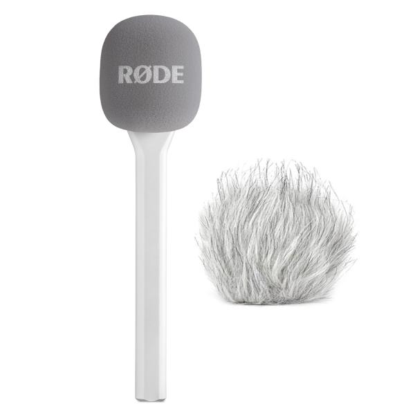 Rode Handadapter Interview GO Weiss mit Fell-Windschutz