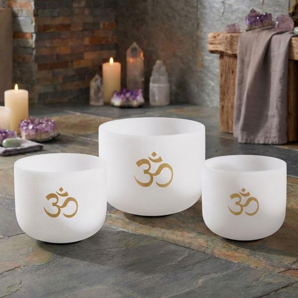 keepdrum Klangschalen-Set OM Pro Weiss 3-Chakren Set mit Zubehör