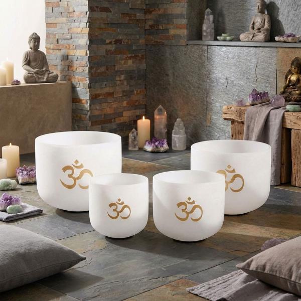keepdrum Klangschalen-Set OM Pro Weiss 4-Chakren Set mit Zubehör