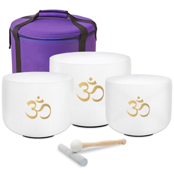 keepdrum Klangschalen-Set OM Pro Weiss 3-Chakren Set mit Zubehör