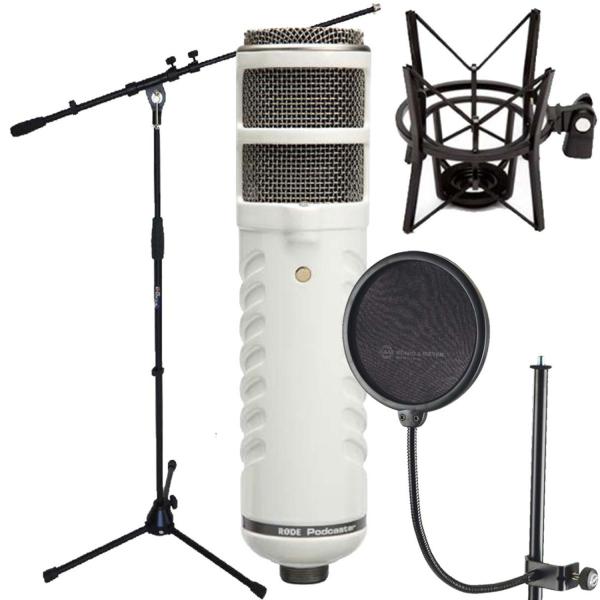 Rode Podcaster mit Popschutz mit Spinne und Stativ