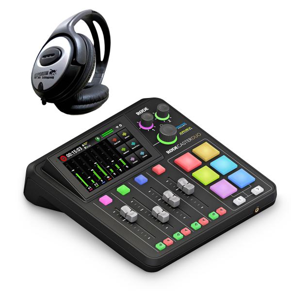 Rode Rodecaster Pro Duo Podcast Station mit Kopfhörer