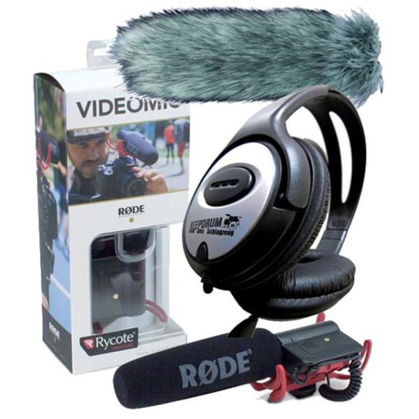 Rode VideoMic Rycote mit Dead Cat mit Kopfhörer