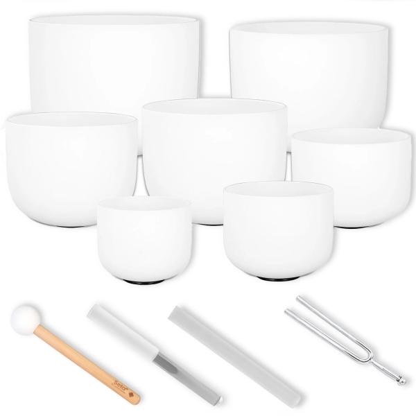Sela Klangschalen Set SECF-SET 7-teilig aus Quarz mit Stimmgabel