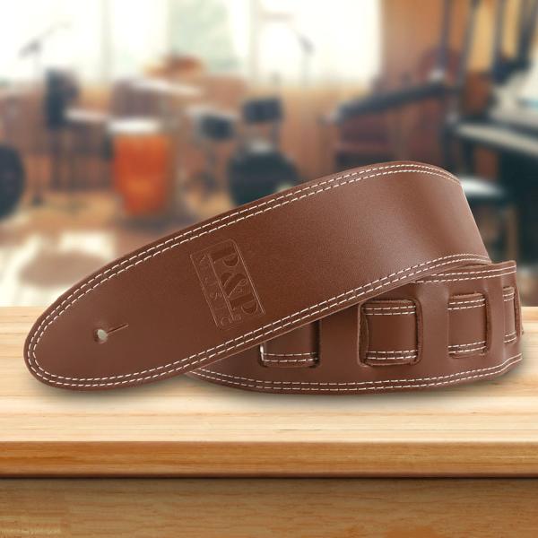 keepdrum Gitarrengurt aus Echt-Leder Braun mit Doppelnaht