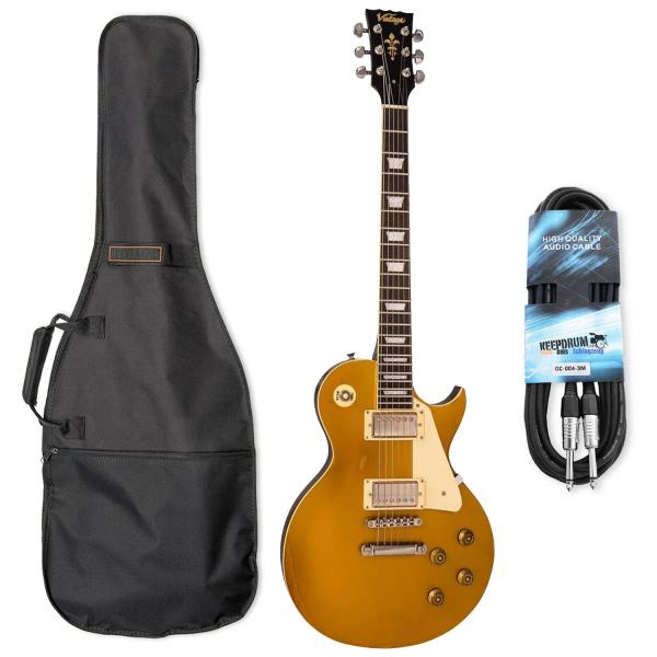 Vintage E-Gitarre V100MRGT Icon Distressed Gold Top mit Tasche und Kabel