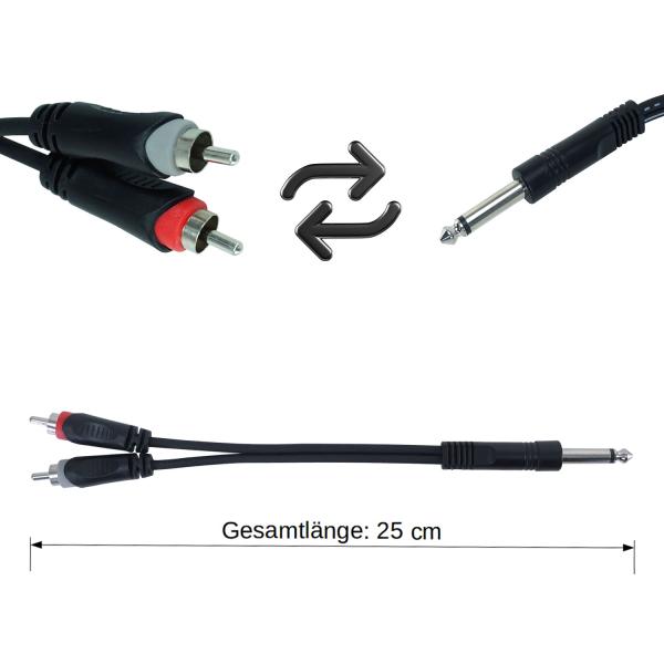keepdrum YC017 Y-Adapter 6,3mm Mono Klinke zu Stereo RCA Cinch Stecker