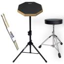 keepdrum Übungspad-Set DP-BK8 schwarz mit Stativ Hocker und Drumsticks 1 Paar